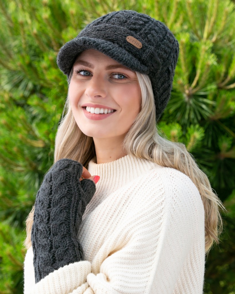 Erin Knitwear Charcoal Peak knit hat and hand warmers