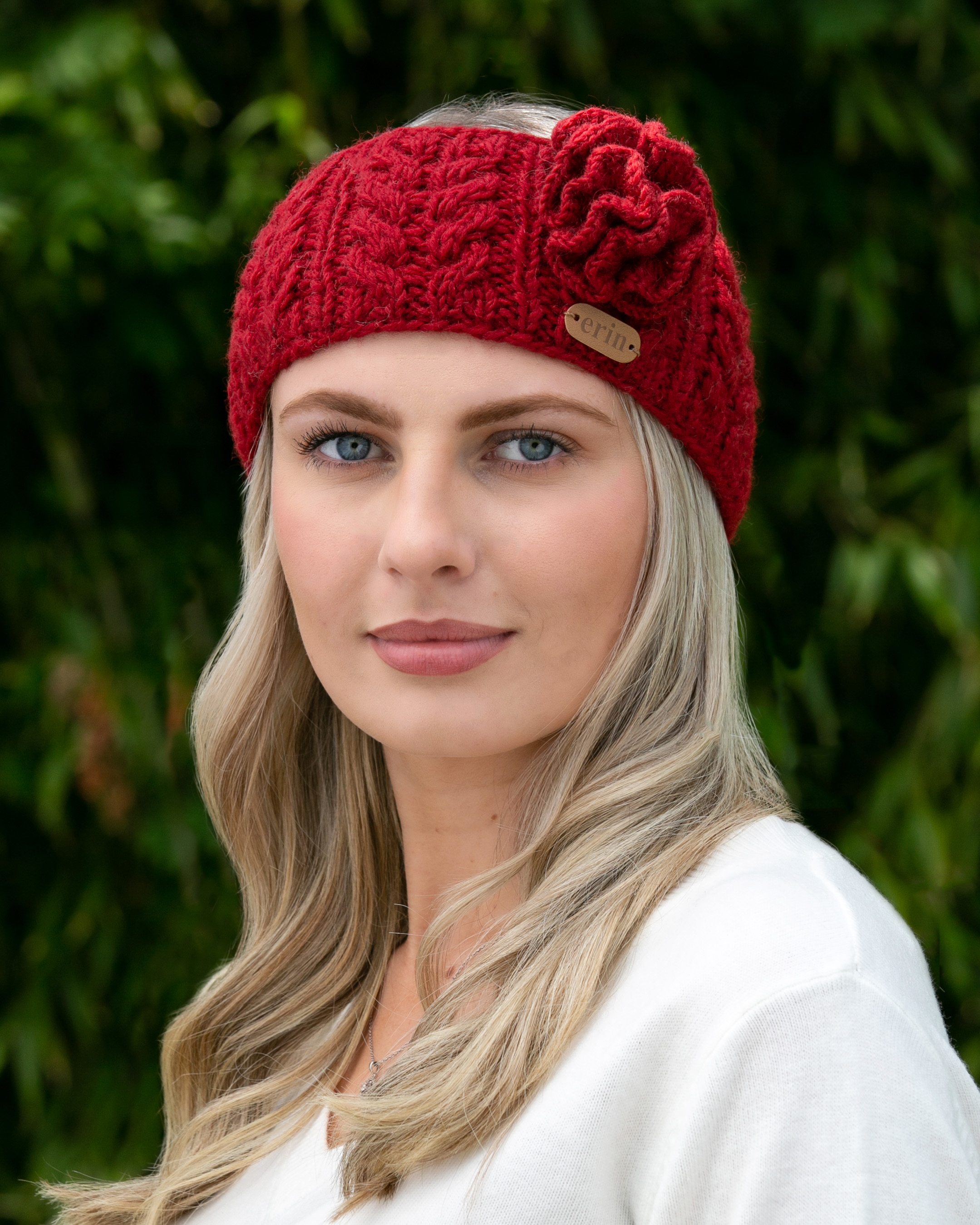 Erin Knitwear Red Headband modelled by Naoimh Upfront Models