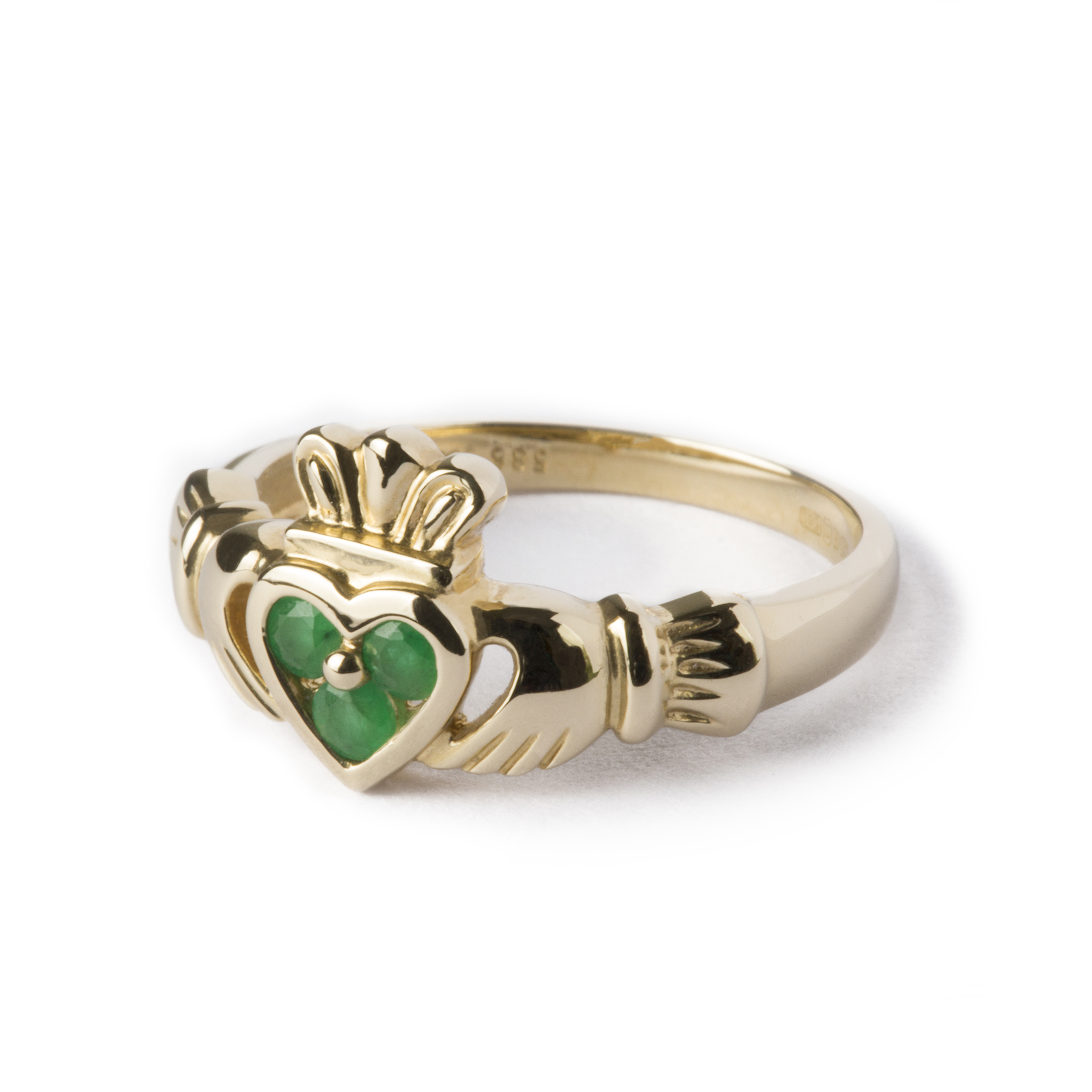 Gold Claddagh Ring with Green gem stones