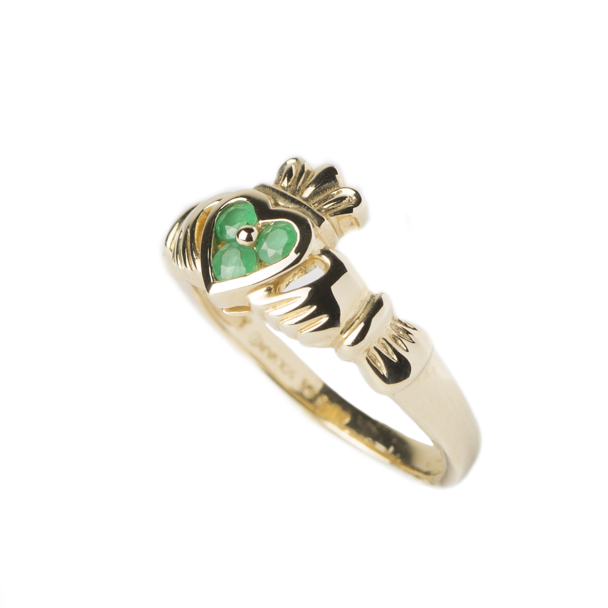 Gold Claddagh Ring with Green gem stones
