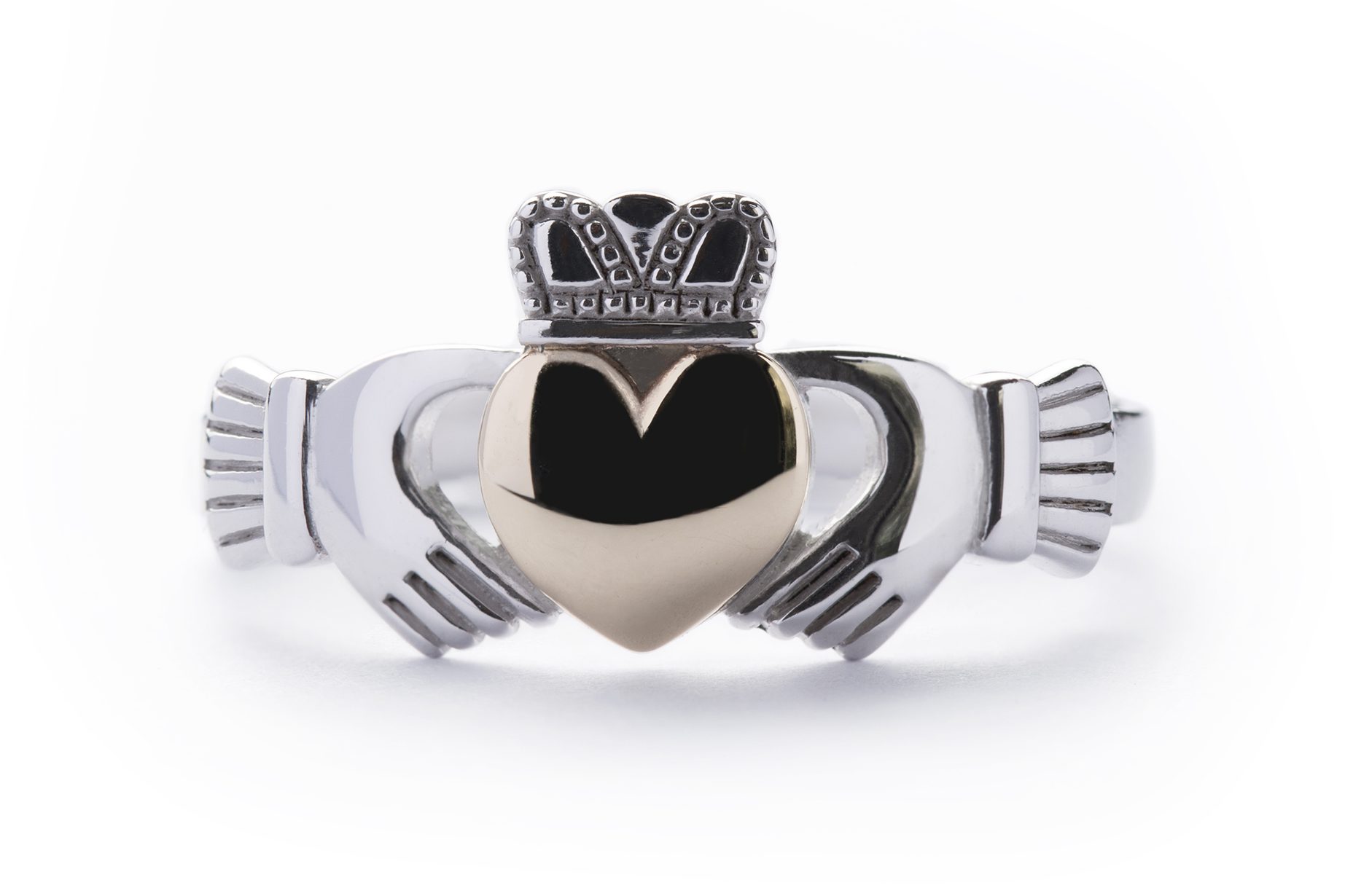 Silver Claddagh Ring with gold heart jewellery photography